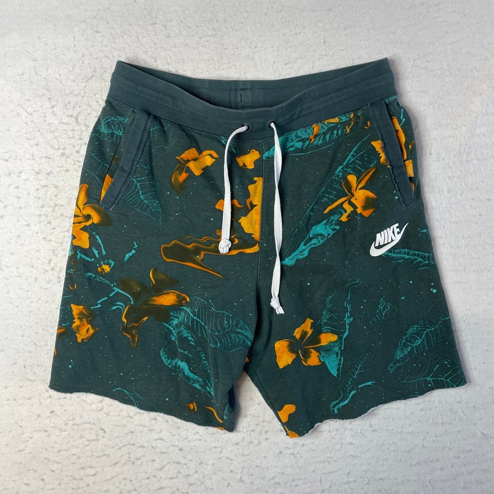 Nike Floral Sweat Shorts Mens Medium Green Tropical Hibiscus Print Raw Hem‎